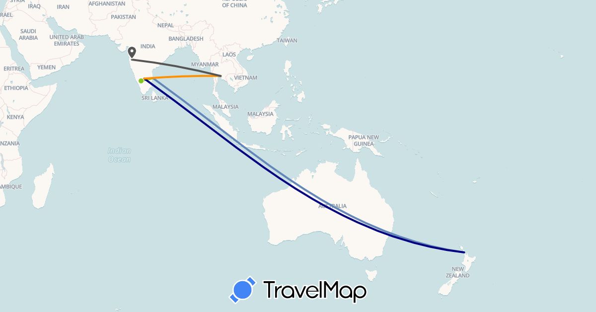 TravelMap itinerary: driving, cycling, hitchhiking, motorbike, electric vehicle in India, New Zealand, Thailand (Asia, Oceania)